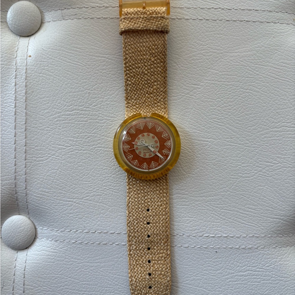 POP Swatch Beige and Yellow Watch genuine leather and textured Strap. Vintage.